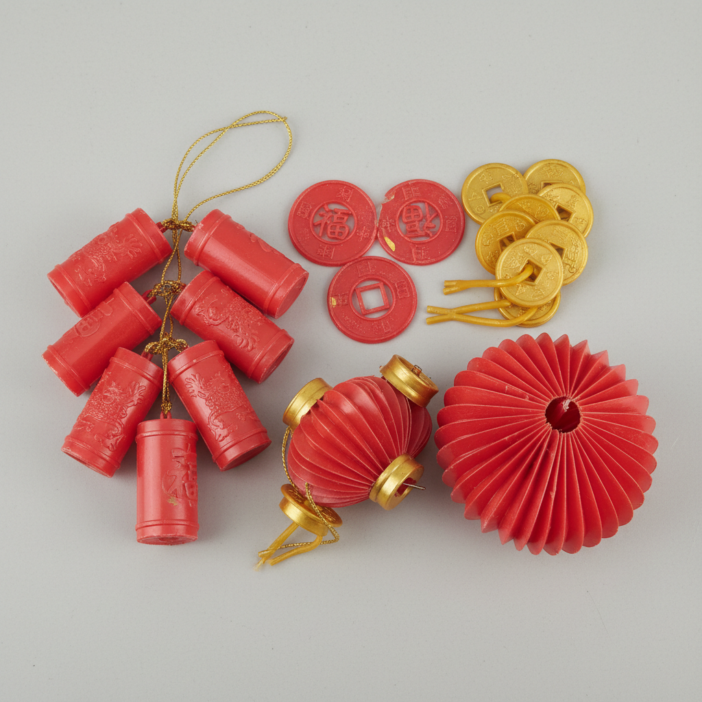 Generic dollar store plastic Chinese New Year decorations in faded red and plastic gold