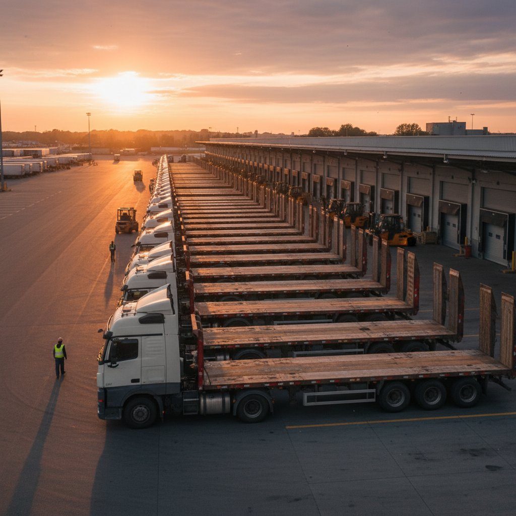 Fleet of commercial trucks lined up at a logistics depot at dusk, dark industrial environment, moody atmospheric lighting