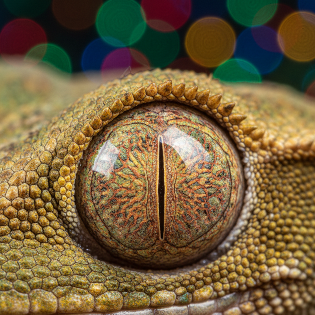 Extreme close-up of a crested gecko eye, golden slit pupil reflecting studio light, shallow depth of field dissolving into jeweled bokeh