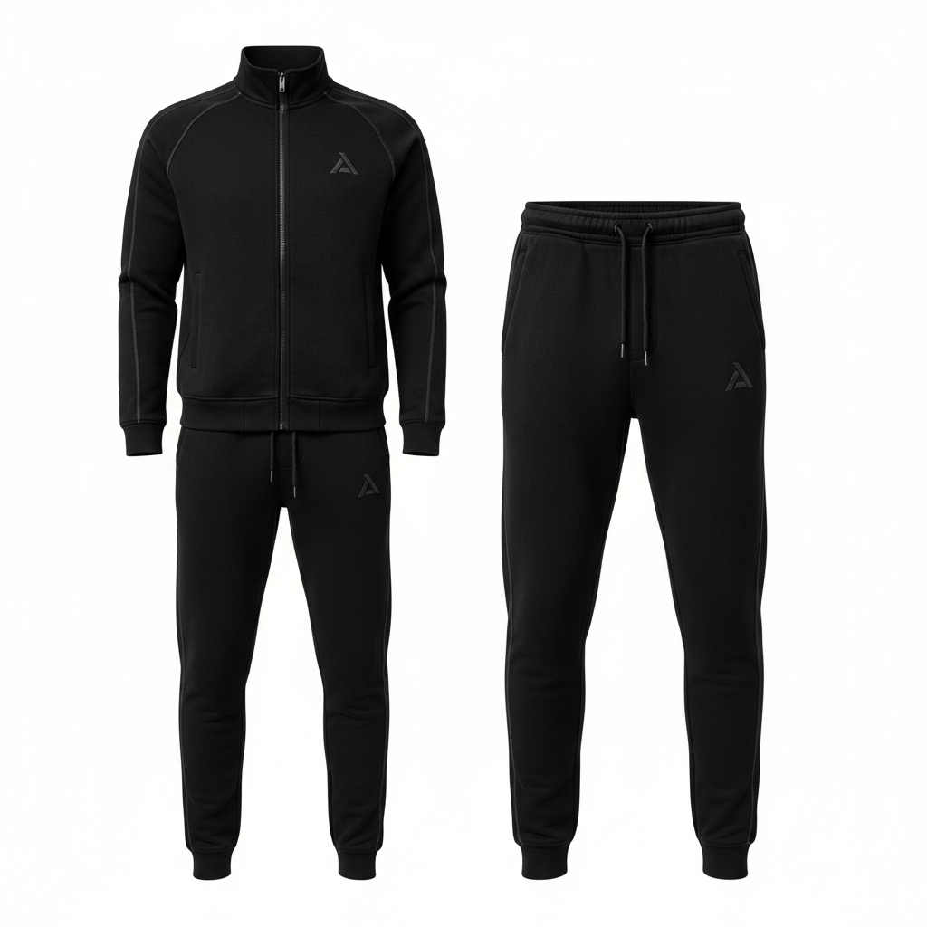 Premium black tracksuit athletic wear on dark background, Egyptian fashion factory