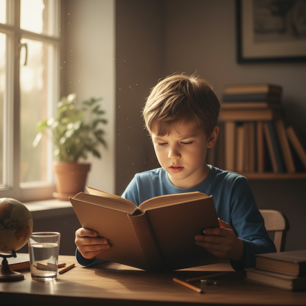 Young boy sitting at a desk reading a book with focused expression