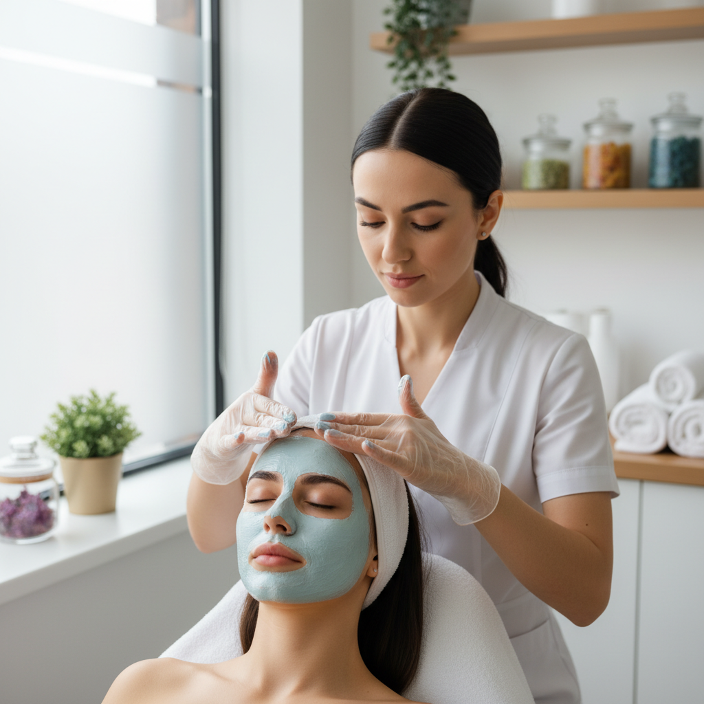 Tratamiento facial con mascarilla hidratante aplicada por esteticista