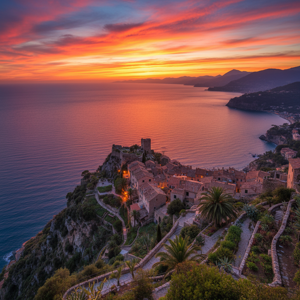 Terrain avec vue panoramique sur la Méditerranée à Eze, village perché, coucher de soleil spectaculaire