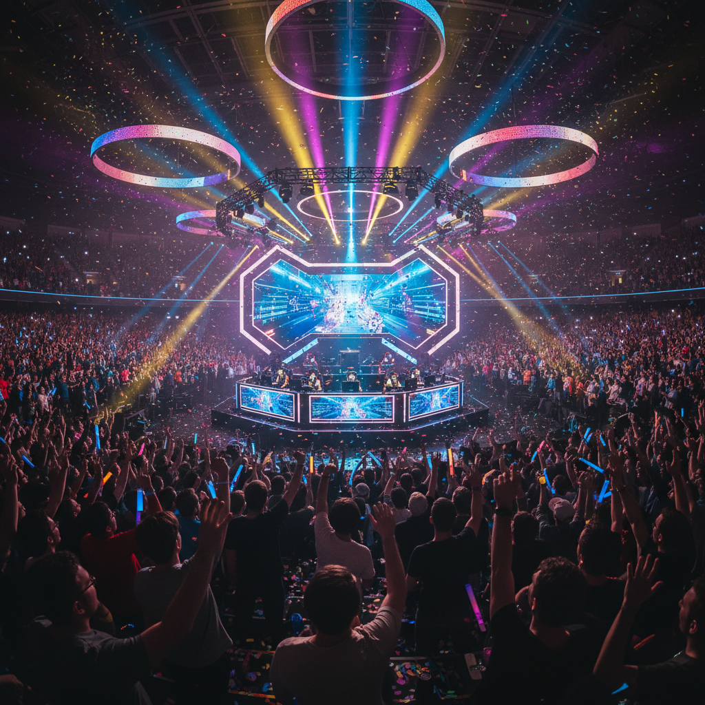 Colorful game arena with bright lighting, vibrant environment, action scene