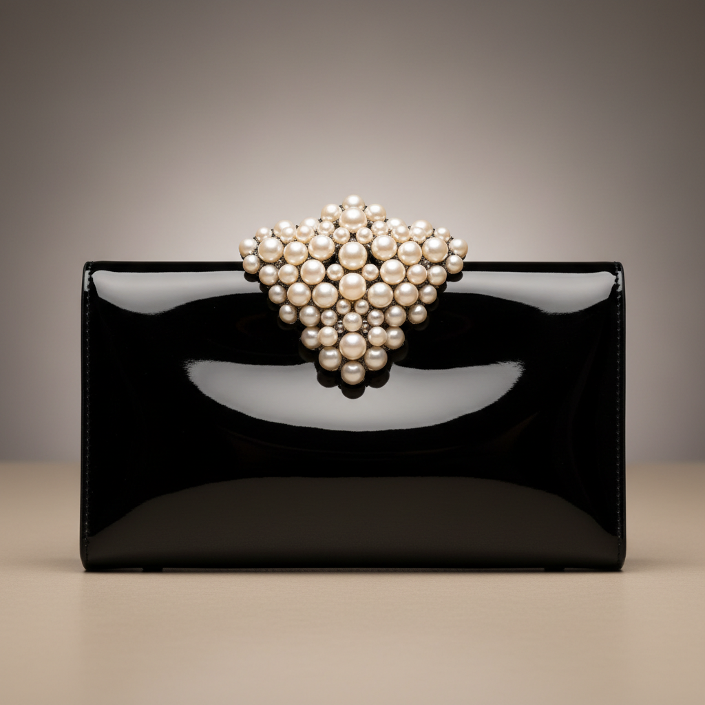 Clutch envelope de couro sintético preto para eventos noturnos, fundo escuro elegante