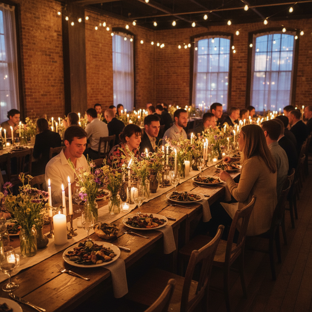 Intimate seated dinner with long farm tables, wildflower arrangements and warm candlelight in a loft