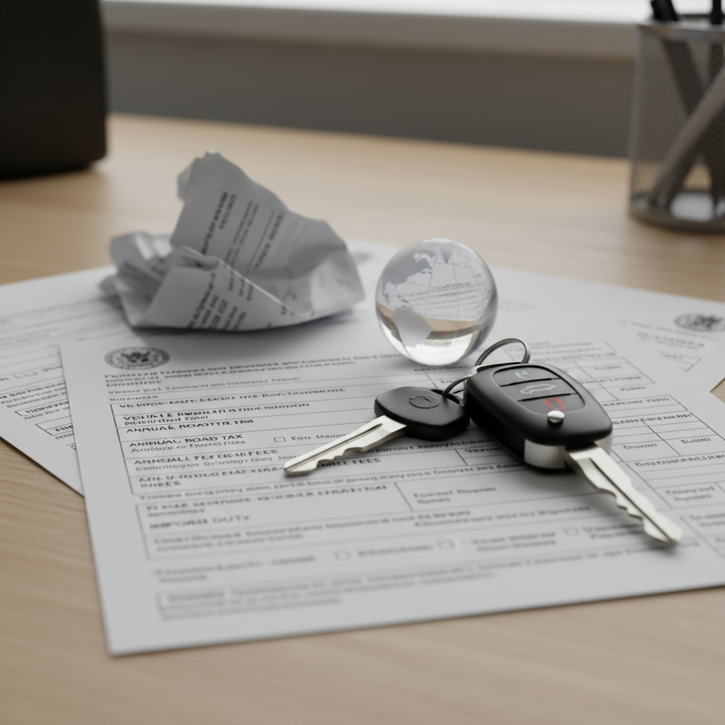 Government tax forms and car keys on a desk representing global vehicle taxation systems and registration costs worldwide