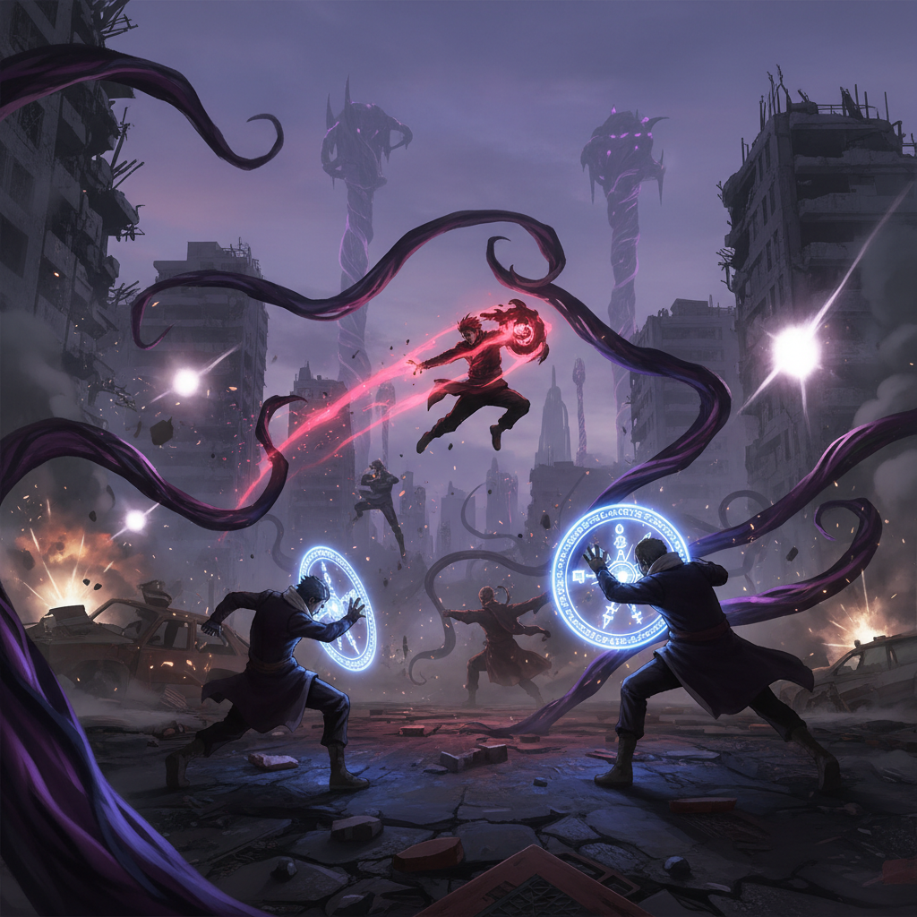 Cursed energy battle scene with sorcerers fighting powerful cursed spirits in an urban environment