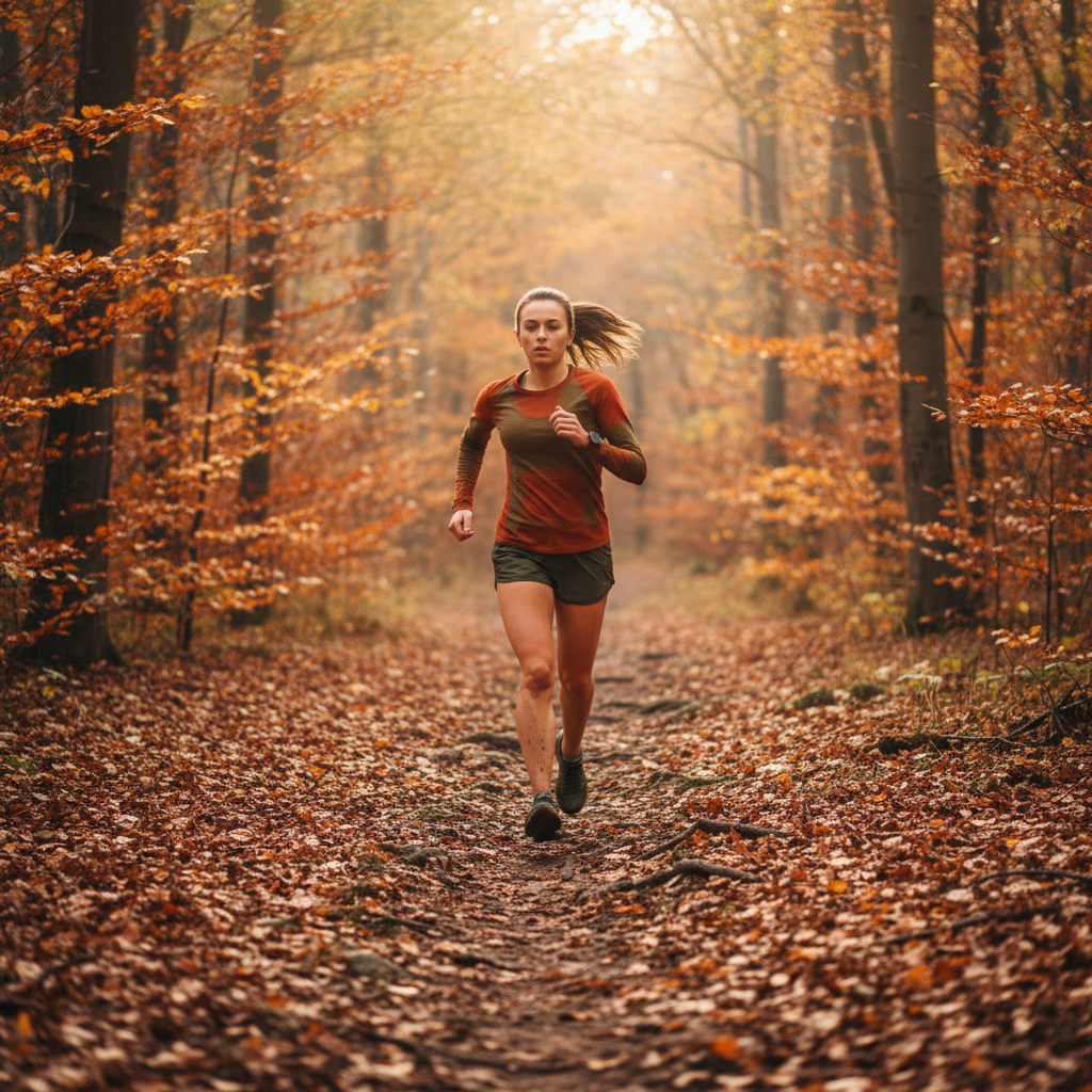 Female runner on forest trail in autumn conditions