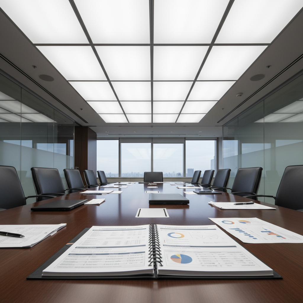 Boardroom table with compensation report for board members