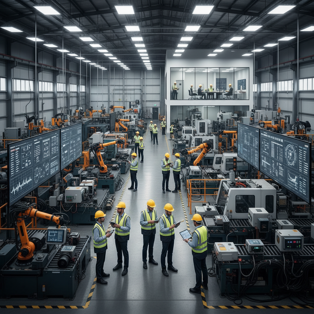 Asian woman engineer in safety vest and hard hat reviewing IoT sensor data on tablet in smart manufacturing facility