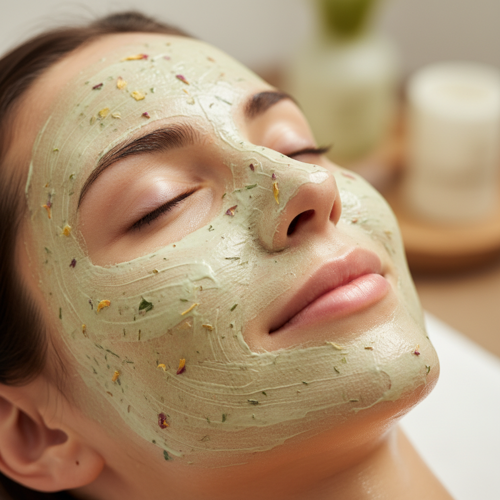 Soothing probiotic facial treatment with botanical ingredients applied to calm, balanced skin in a spa