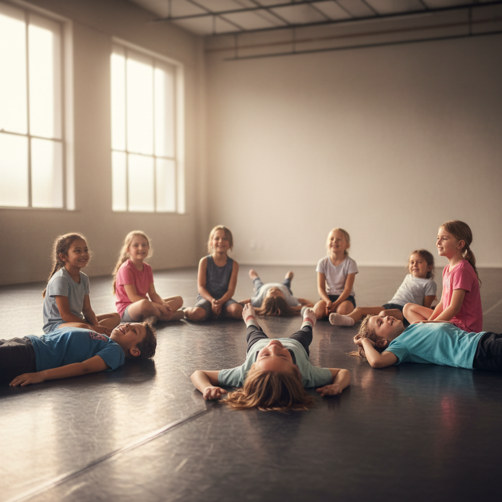 Kids sitting in a cooldown circle, some lying on the marley floor, all smiling and catching their breath