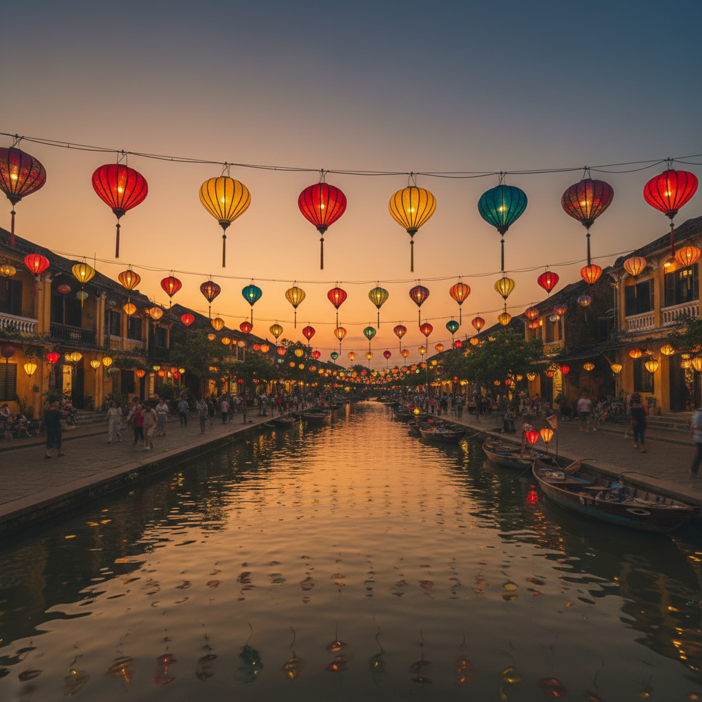 Lantern-lit ancient town of Hoi An at night with reflections in the Thu Bon River