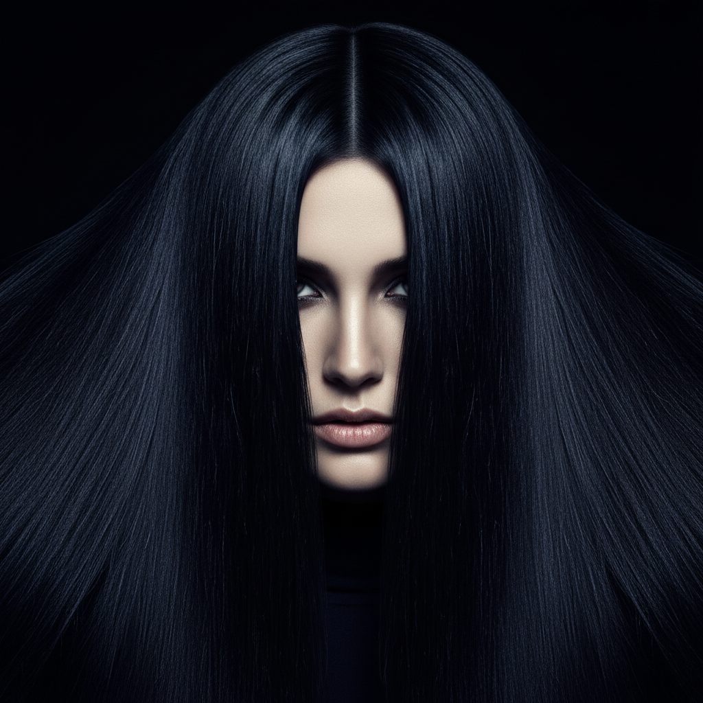 Campaign portrait from Wella Professionals Void Series featuring ultra-dark hair color against black background