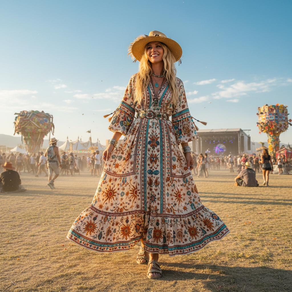 Woman in flowing boho style maxi dress outdoors in golden afternoon light
