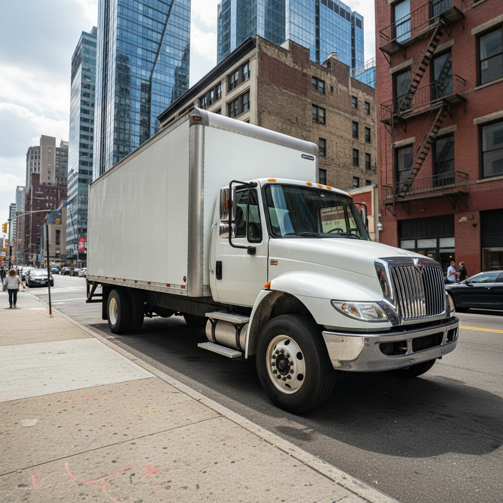 White Isuzu box truck parked on a bright concrete surface, daytime, commercial fleet vehicle