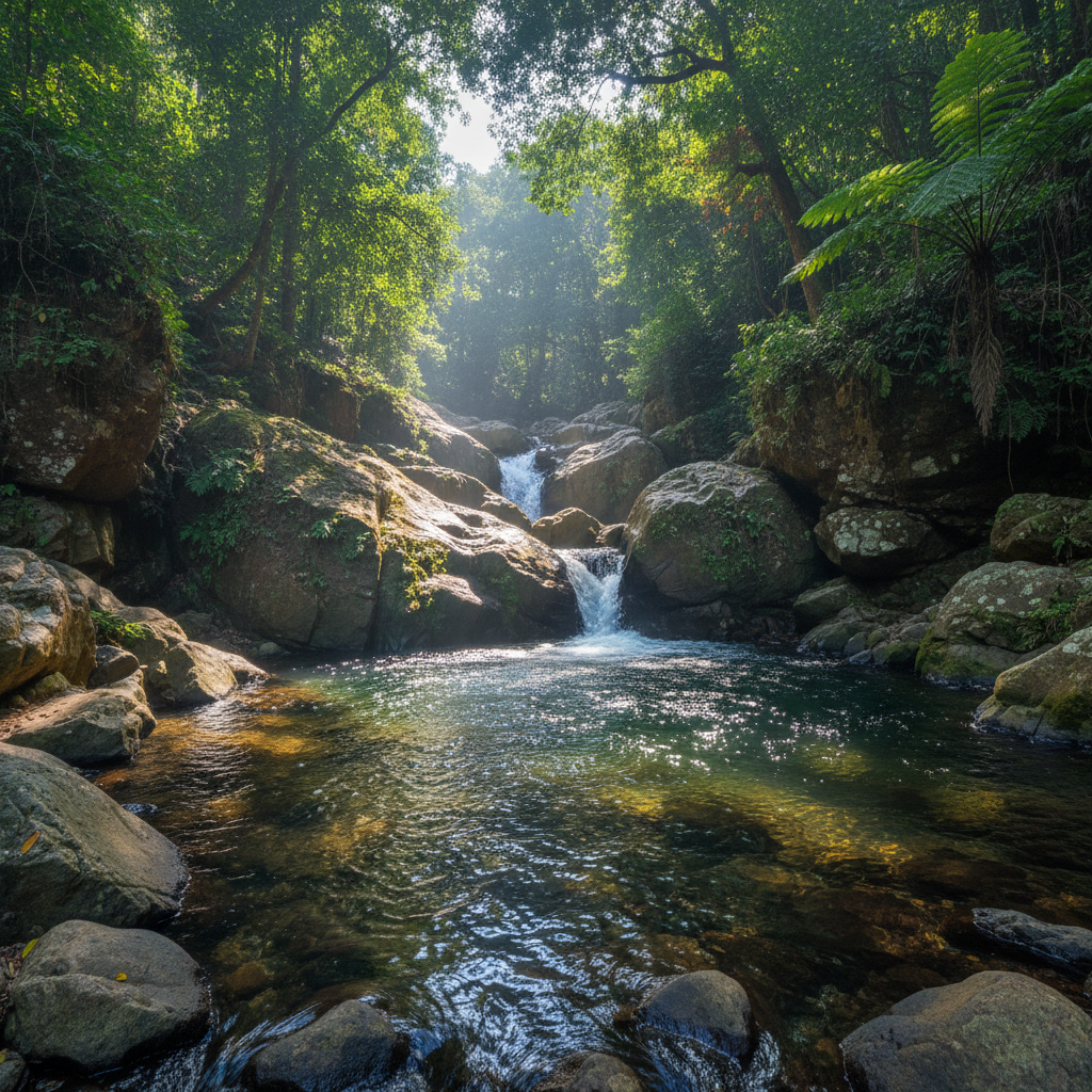 Hidden waterfall in dense coffee plantation with dark green foliage and dramatic atmospheric mist