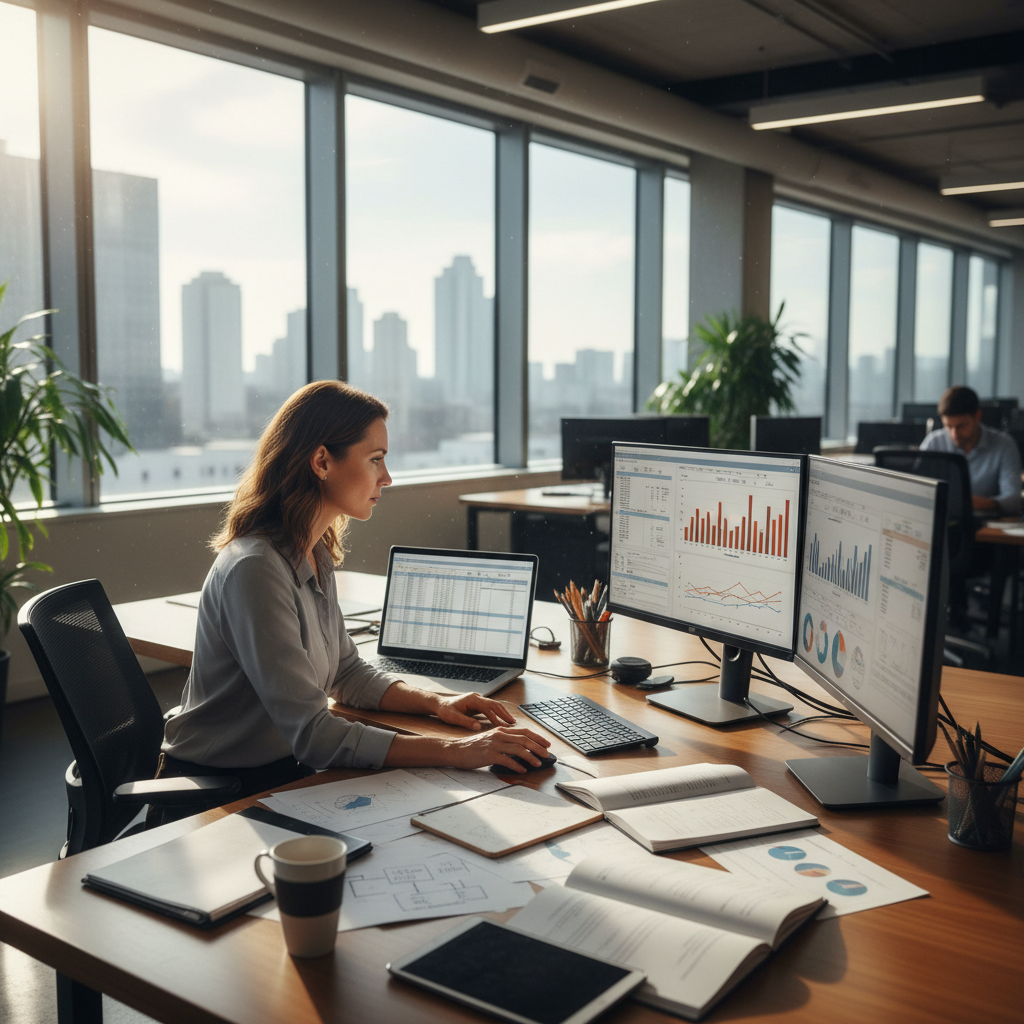 Supply chain executive reviewing production data at office desk in automotive industry setting