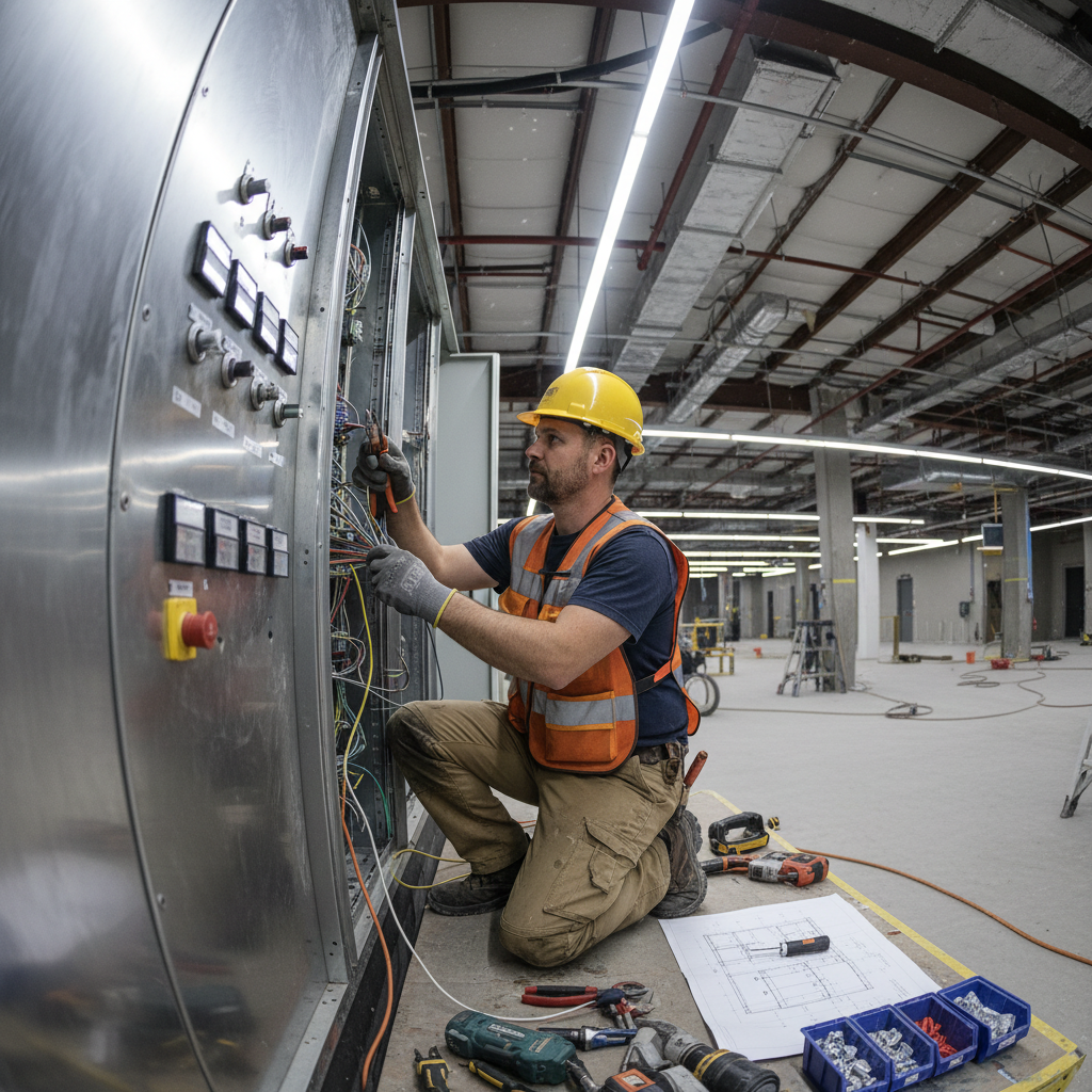 Specialty trade contractor performing detailed work on commercial installation, professional tools visible, bright workspace