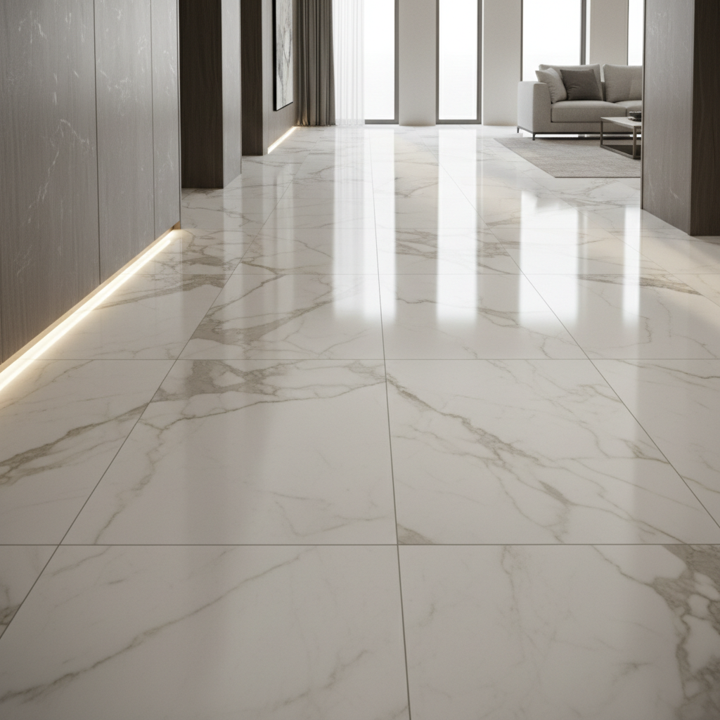 Polished marble-look vitrified floor tiles in a luxury interior, bright natural light, sophisticated setting