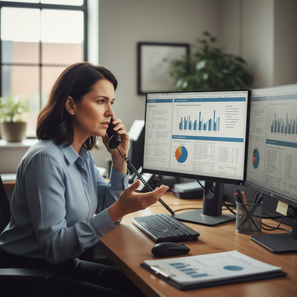 Denial management specialist on phone call at desk with dual monitors showing claim data