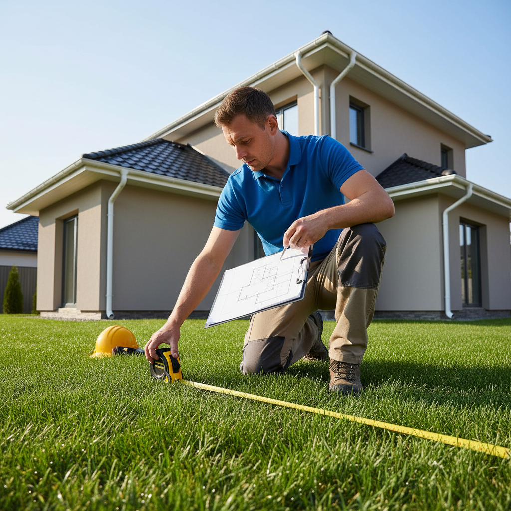 Contractor measuring and inspecting a roof in Michigan while reviewing project details with a clipboard