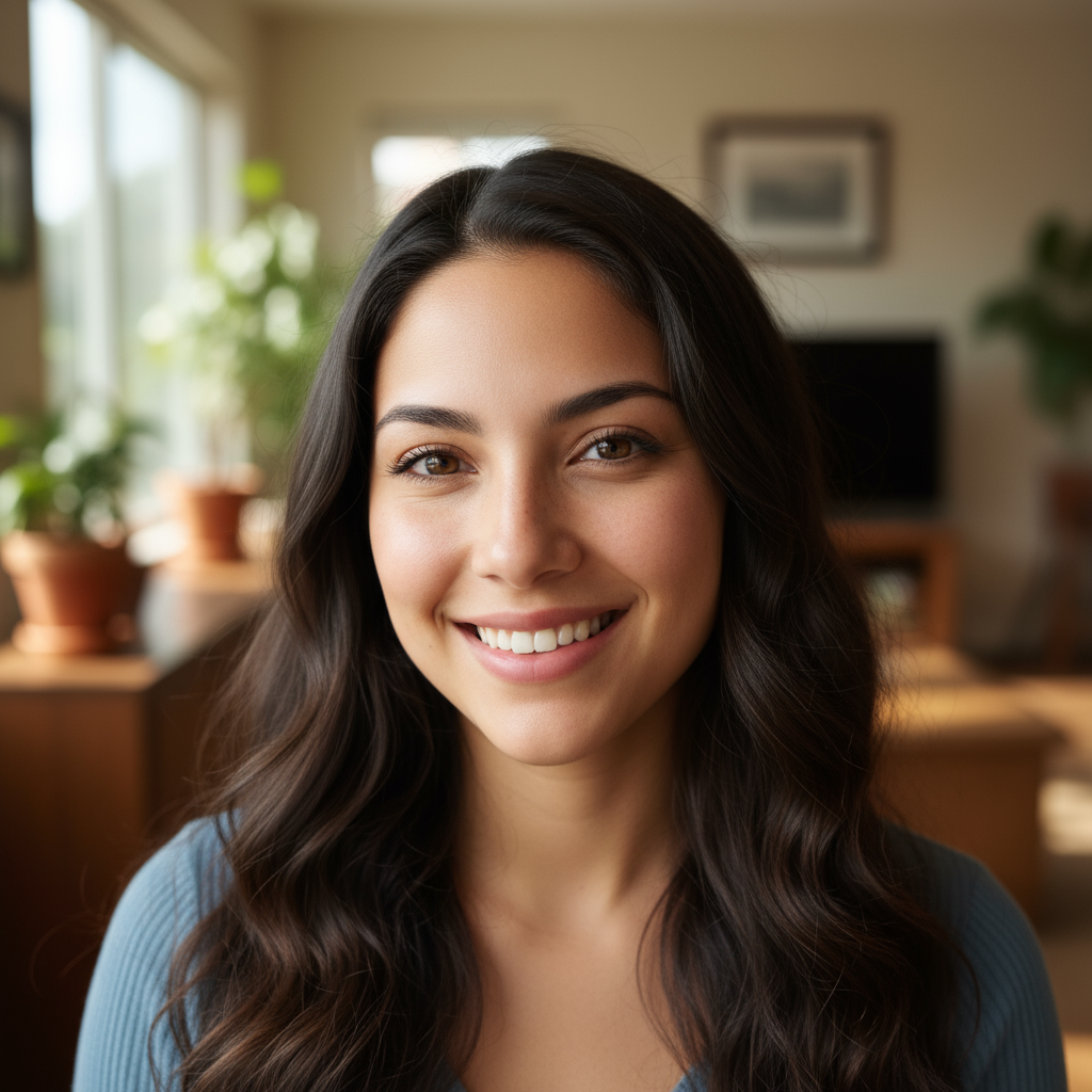 Young Latin woman smiling, dark hair, warm background portrait