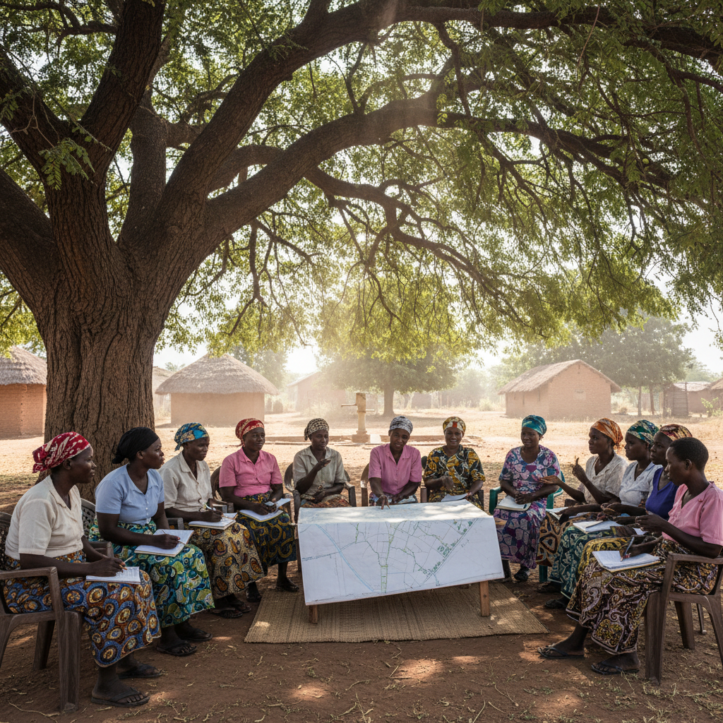 Village water committee meeting under a large acacia tree, women holding notebooks, discussing plans