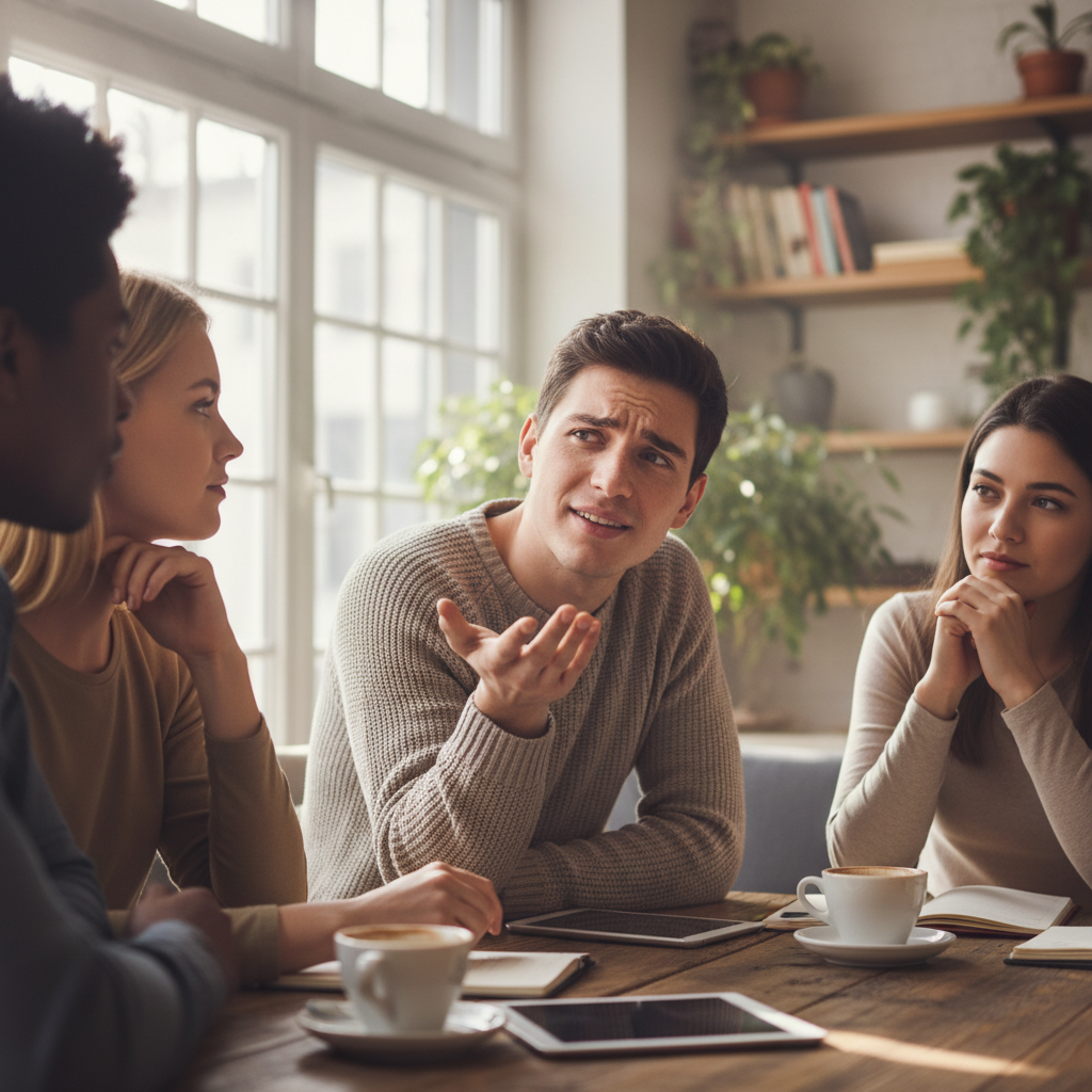 Person asking a thoughtful question in a group conversation, curious and engaged expression, lively social setting