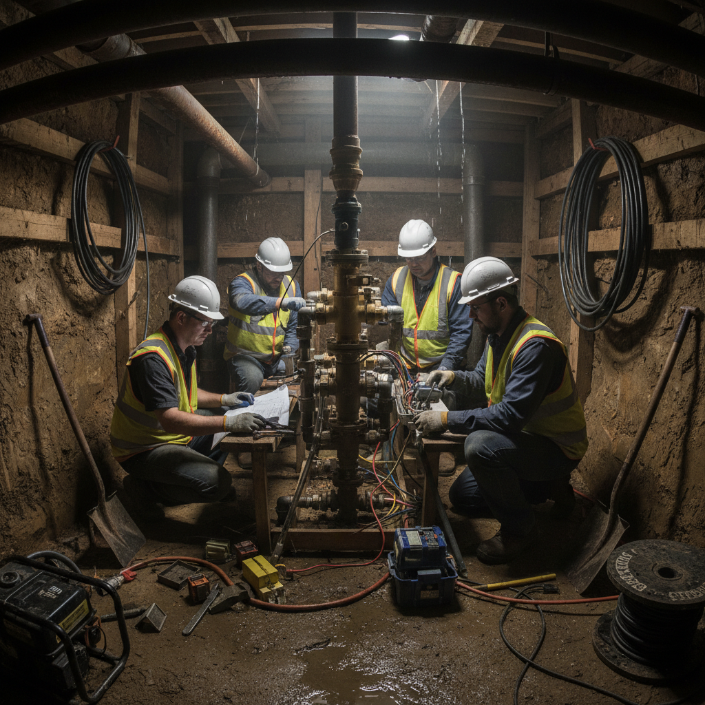 Underground excavation with large pipe installation, workers in safety vests, bright construction lighting, earthen walls