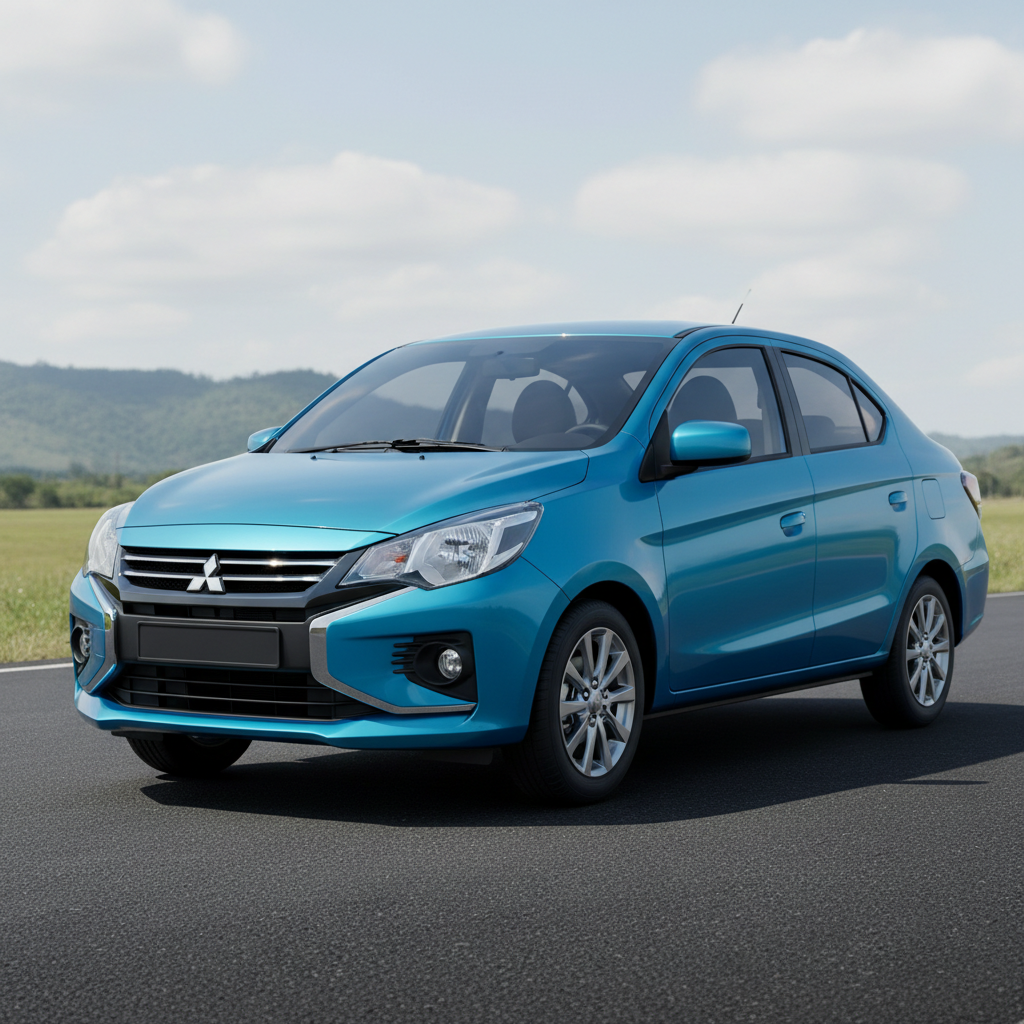 Mitsubishi Attrage small sedan on a clean road in a tropical setting
