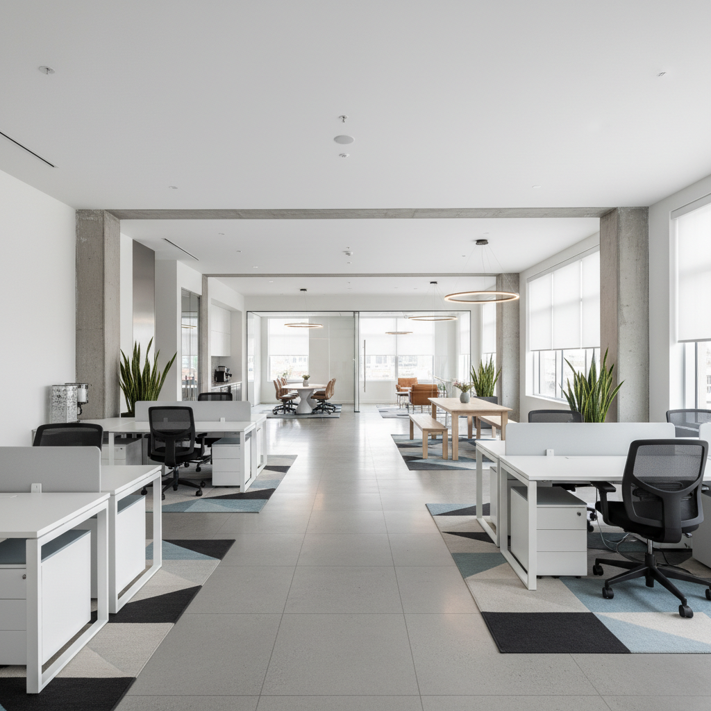 Neat, organised administration office with desk and computer in a community organisation setting with natural light, professional and welcoming