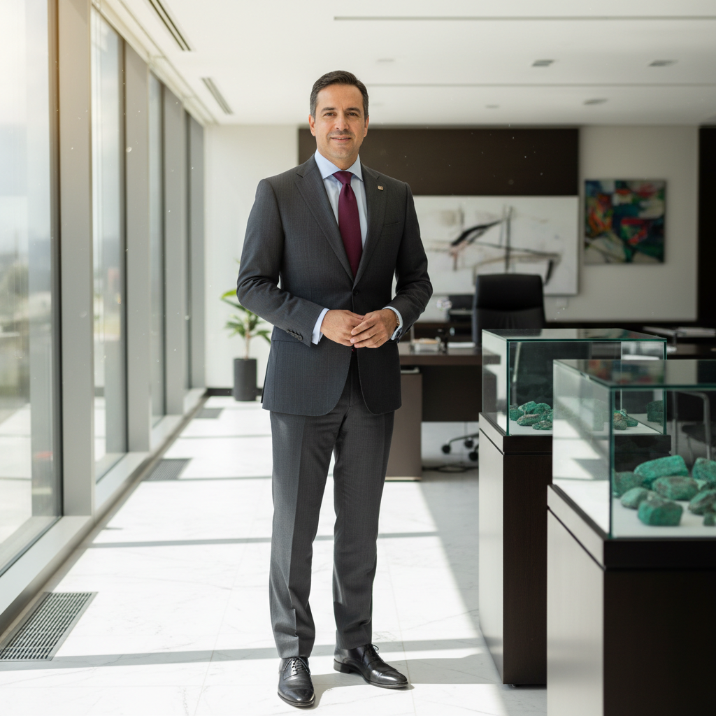 Colombian male real estate founder with confident smile, professional headshot, modern office