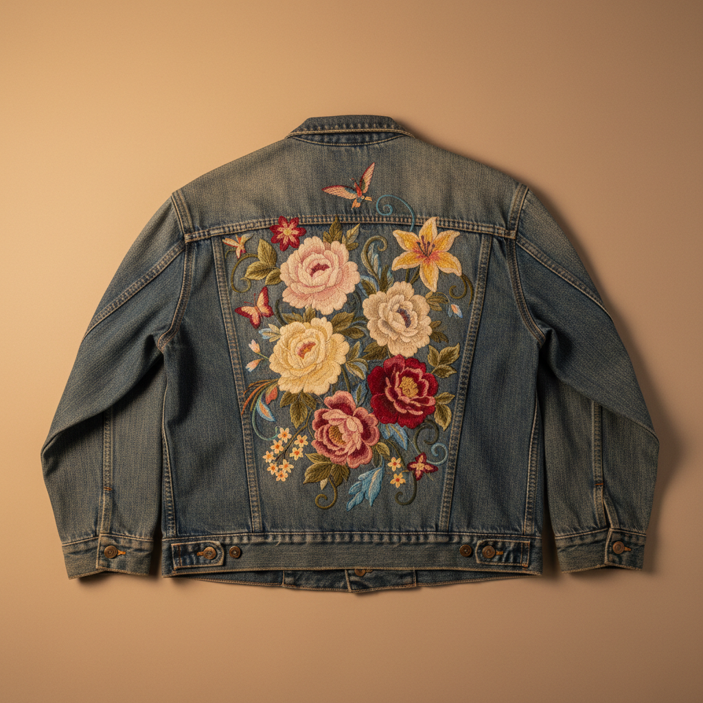 Hand-painted denim jacket on light background, colorful floral motifs, warm studio lighting, artisan craftsmanship detail