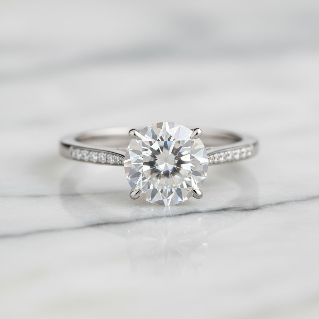 Close-up of a brilliant-cut diamond solitaire engagement ring on a white marble surface — DETARA KISS editorial
