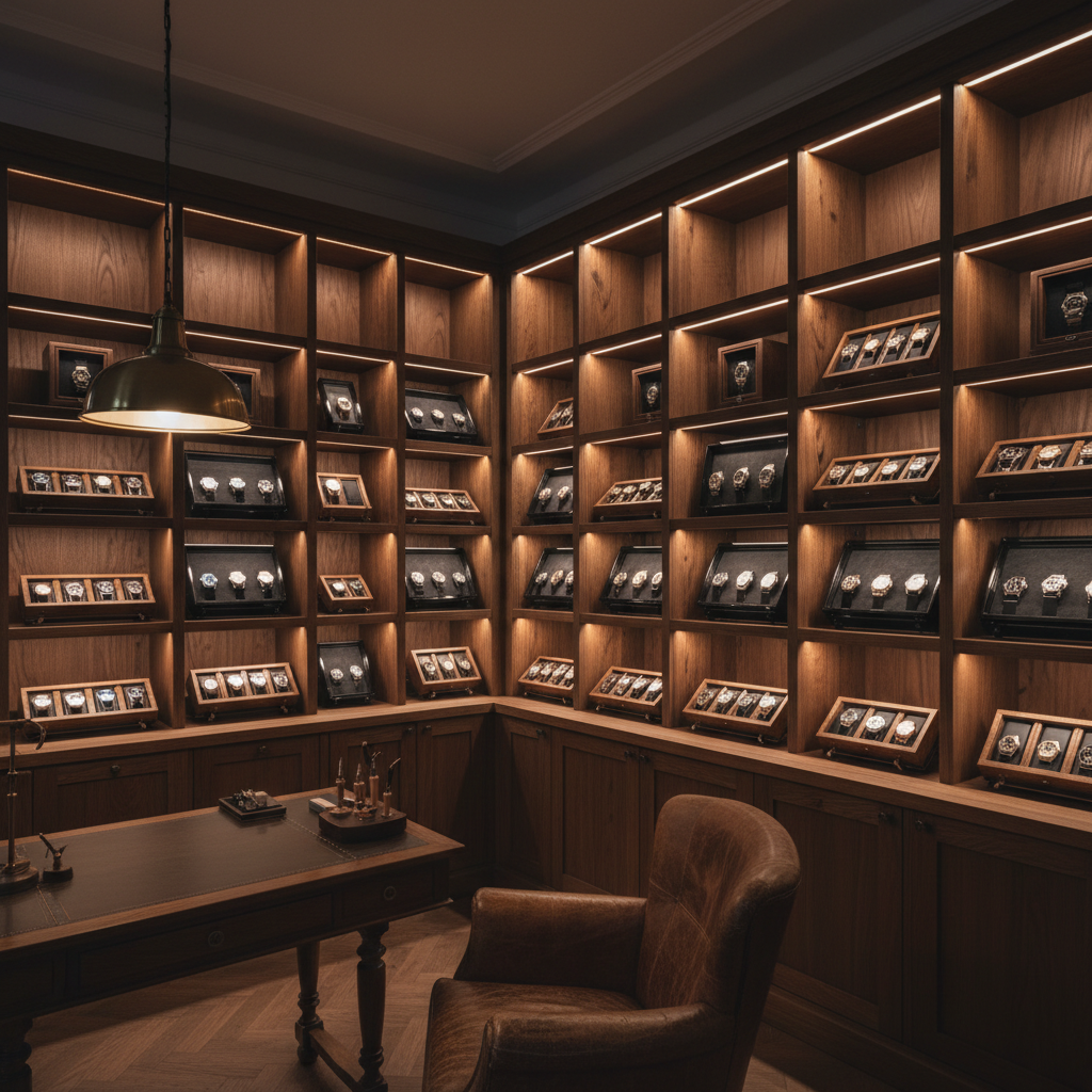 Geneva watchmaking atelier interior, low key lighting, master watchmaker at bench, dark shadows, warm lamp glow