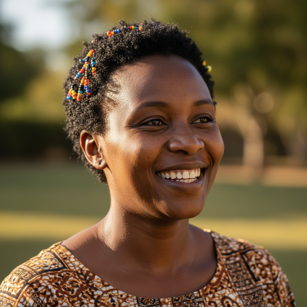 South African woman smiling warmly against a neutral background
