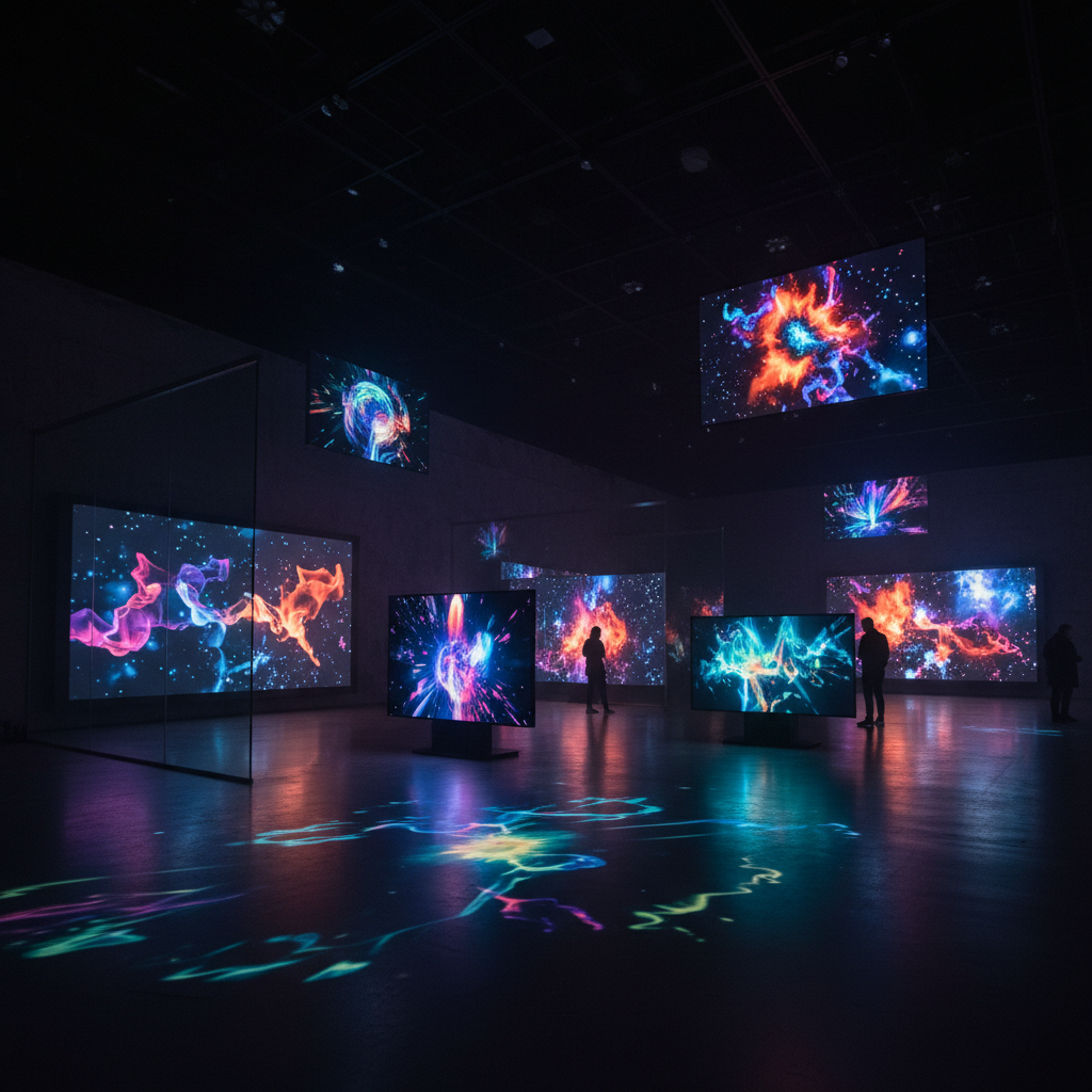 Abstract motion art installation in dark atmospheric gallery, moody low-key lighting, deep shadows