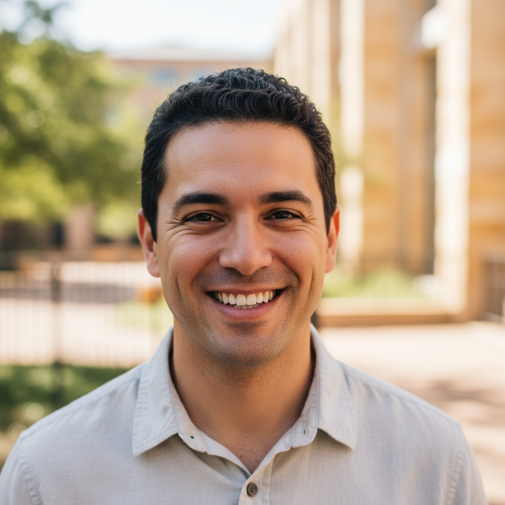 Smiling man with short hair in a bright outdoor environment