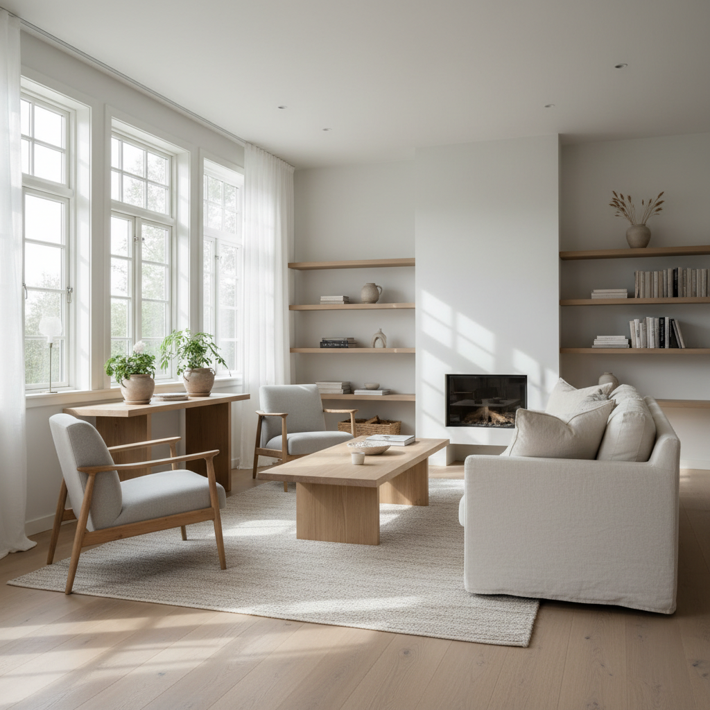 Scandinavian living room with warm lighting, oak furniture, and minimal smart home controls