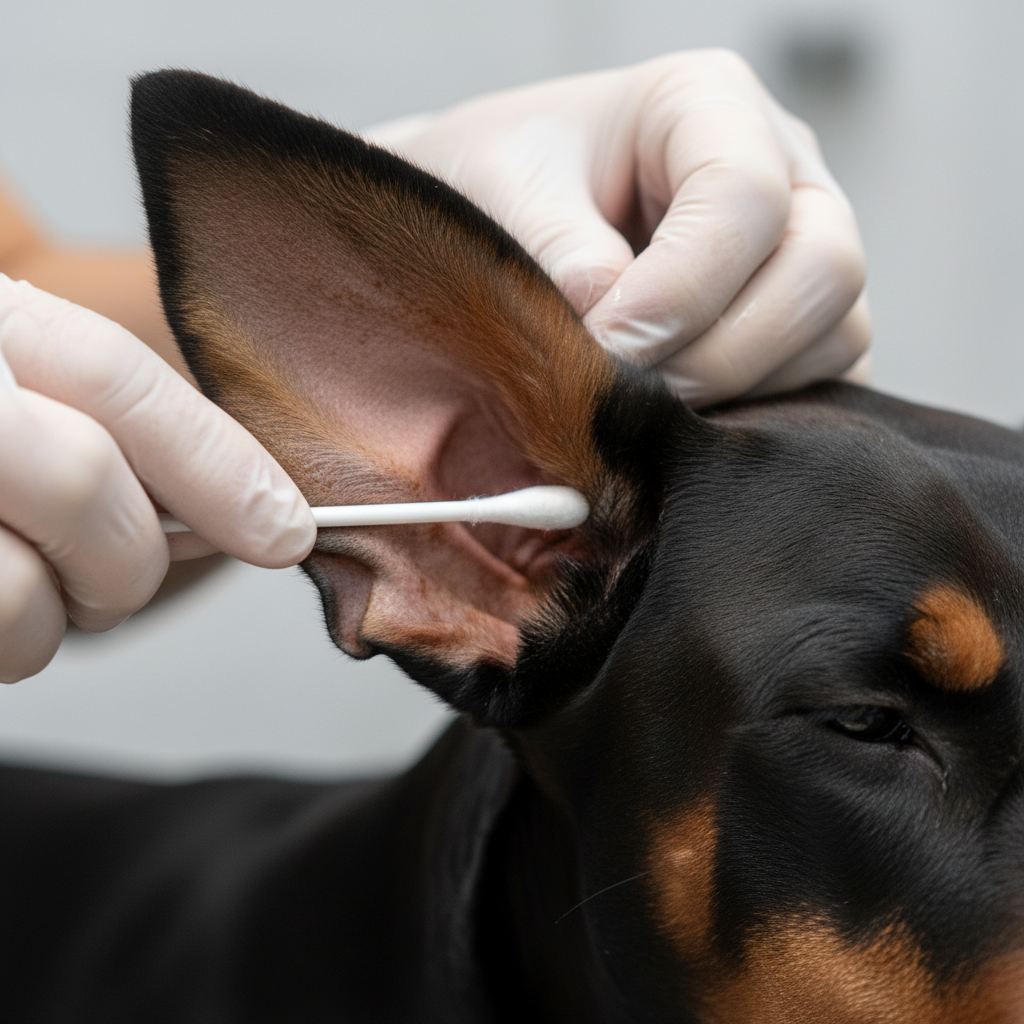 Groomer carefully cleaning inside a Doberman's cropped ear with veterinary-grade solution, close-up showing the ear canal and rust markings