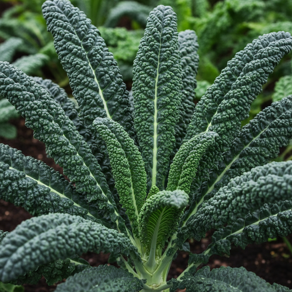 Deep green Tuscan lacinato kale leaves with distinctive crinkled texture
