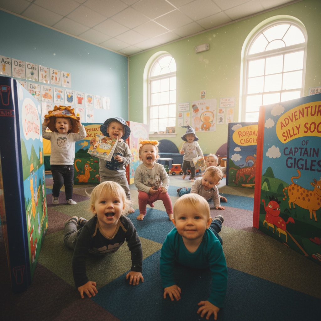 Young toddlers playing with colourful educational toys in bright nursery room with natural light