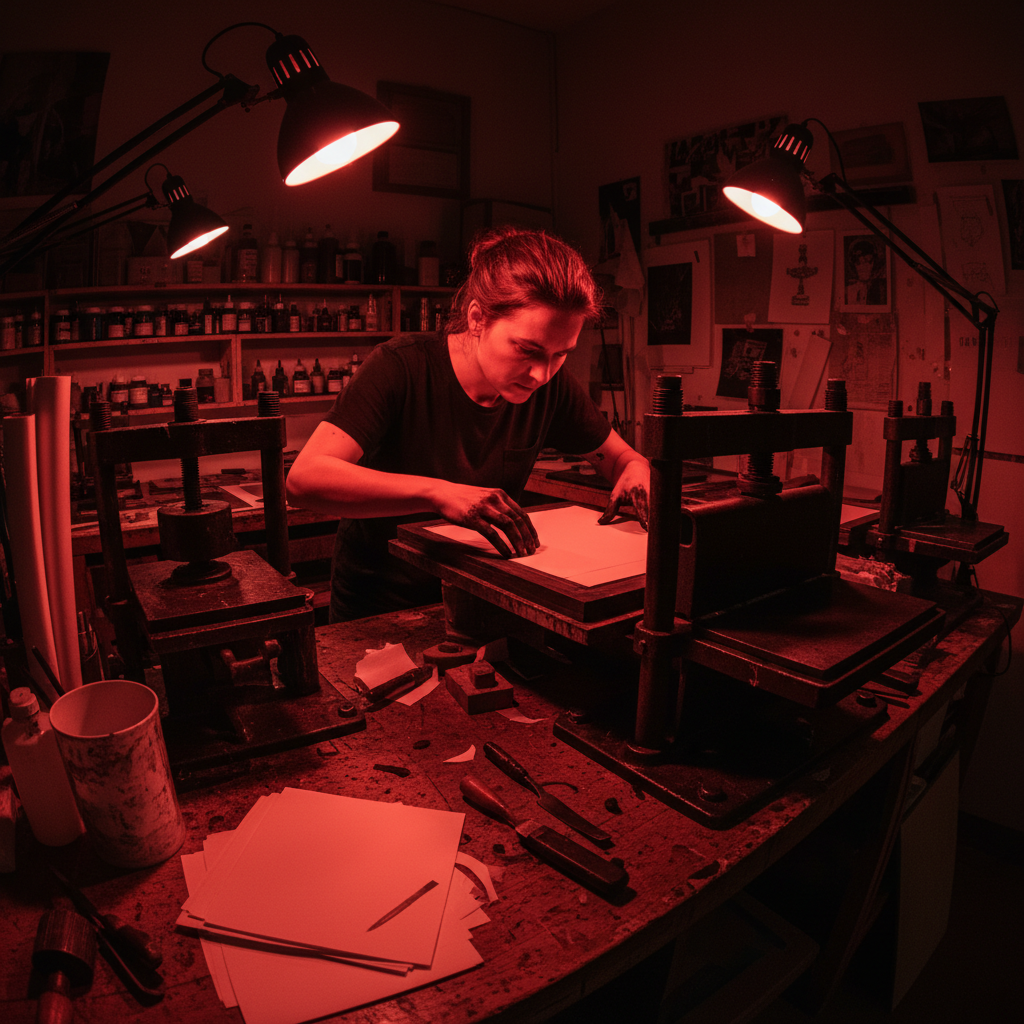 Yemi Adeyemi, Houston printmaker, photographed in red-lit print studio