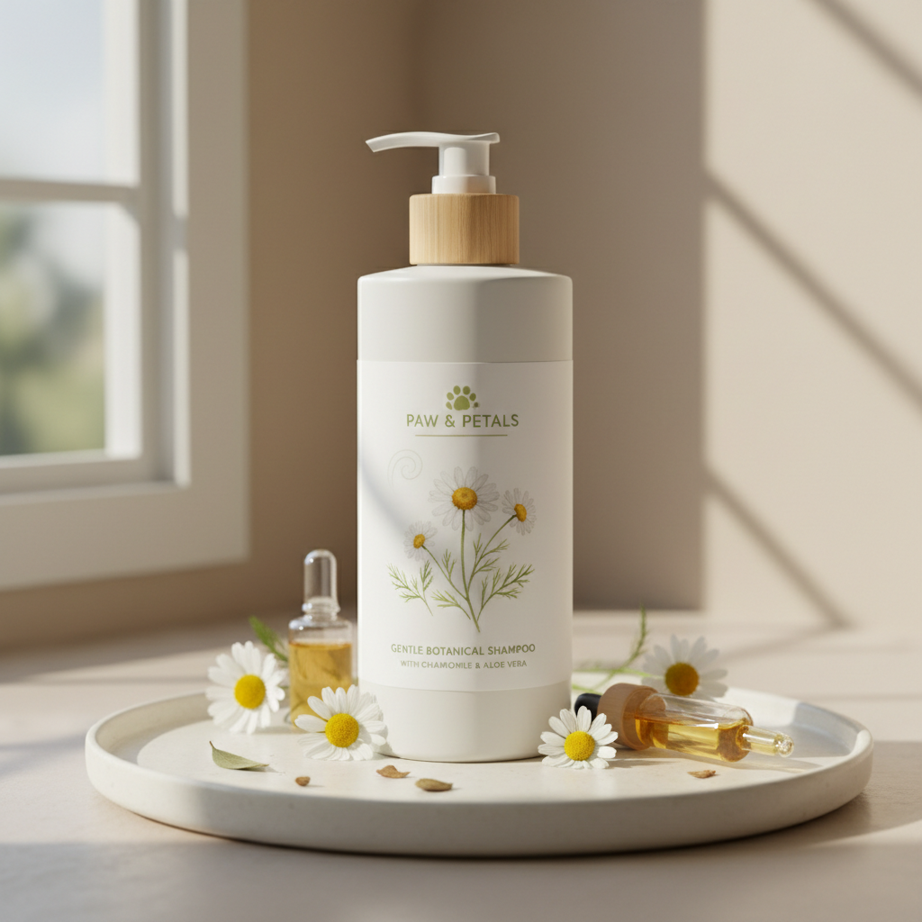 White and cream pet shampoo bottle with botanical label surrounded by chamomile flowers