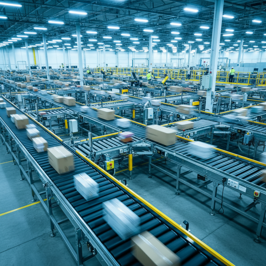 High-speed parcel sortation conveyor system running in a large distribution center at night