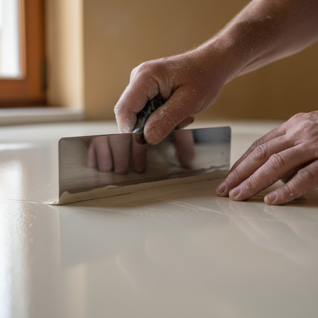 Plasterer's hands burnishing Venetian plaster with a steel trowel, compressing the final layer to a polished stone-like sheen
