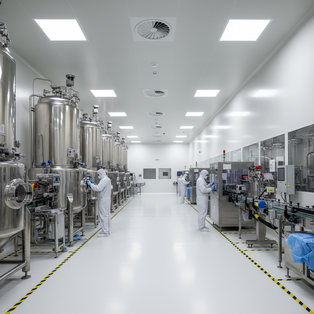 Pharmaceutical manufacturing floor viewed through glass — clinical, pristine, rows of stainless steel equipment in a sterile white environment