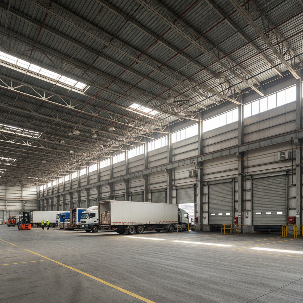 Large industrial warehouse building with loading dock and metal roof